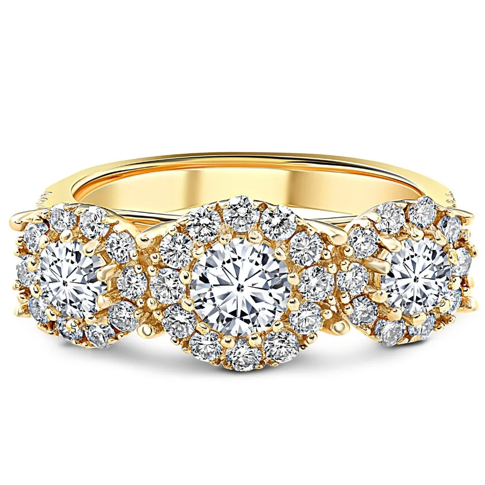 1.375 Carat Yellow Gold Three Stone Halo Pave Diamond Engagement Ring