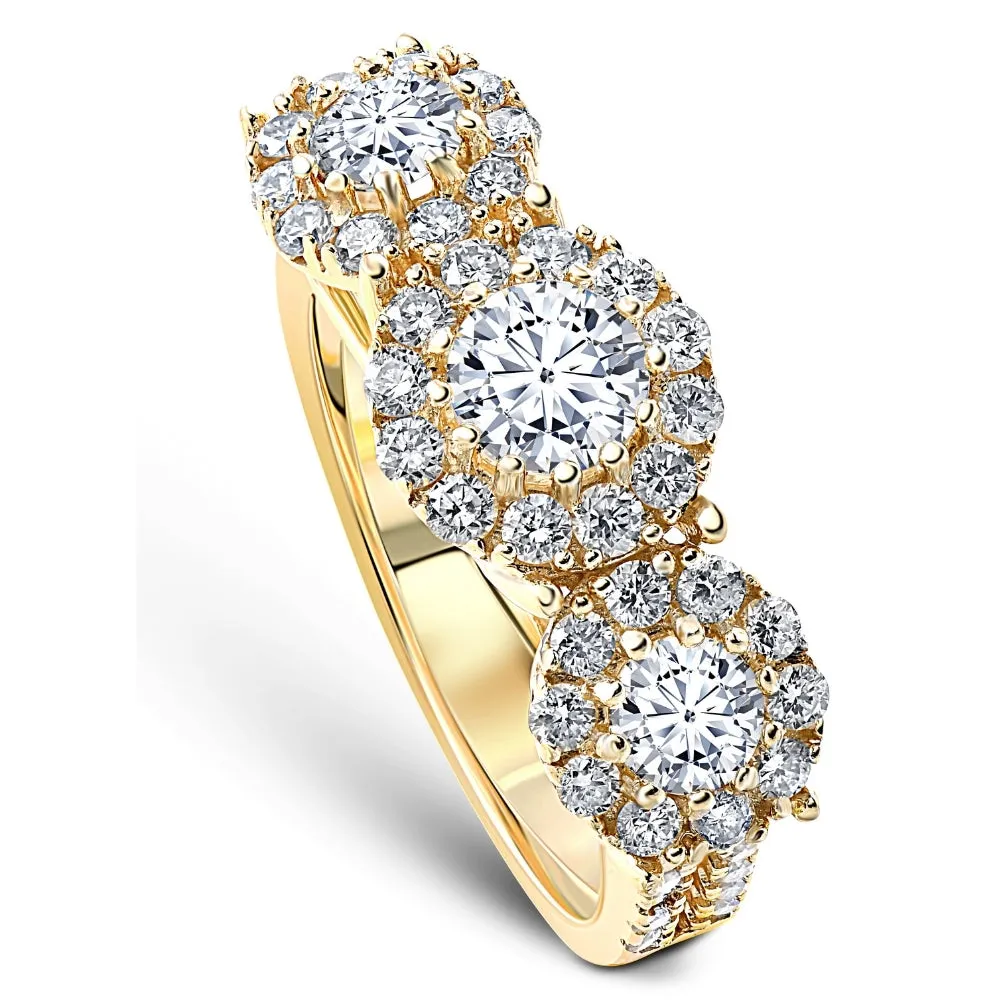 1.375 Carat Yellow Gold Three Stone Halo Pave Diamond Engagement Ring