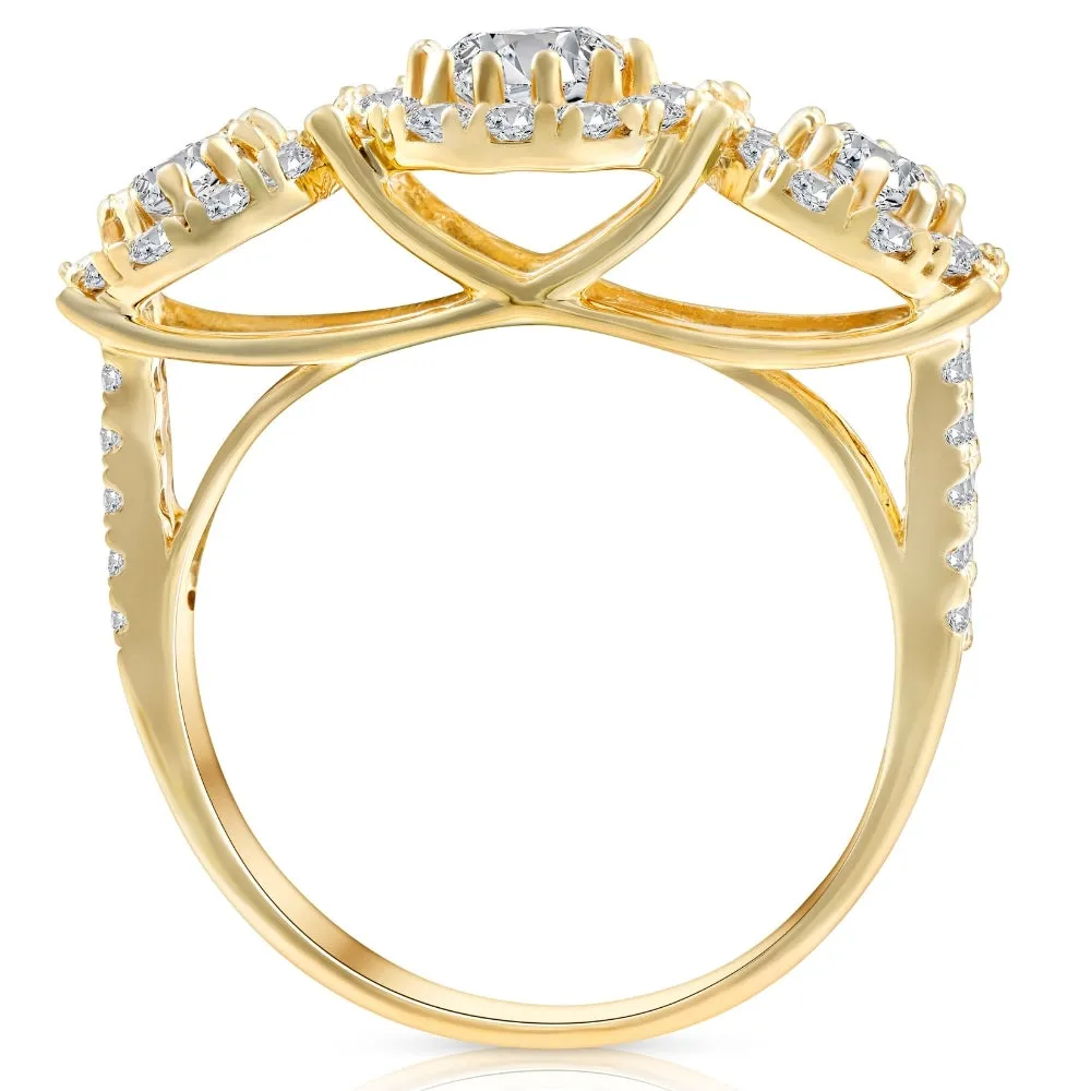 1.375 Carat Yellow Gold Three Stone Halo Pave Diamond Engagement Ring