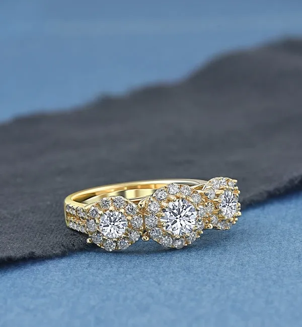 1.375 Carat Yellow Gold Three Stone Halo Pave Diamond Engagement Ring