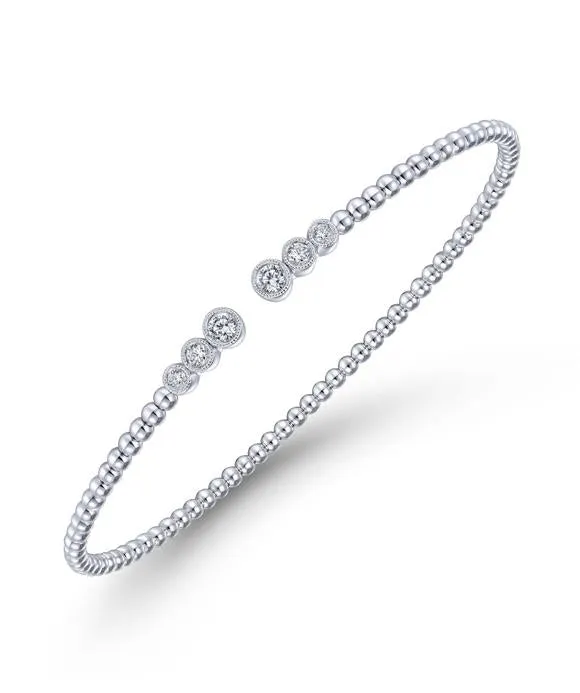 14K White Gold Bujukan Bead Split Cuff Bracelet with Bezel Set Diamonds