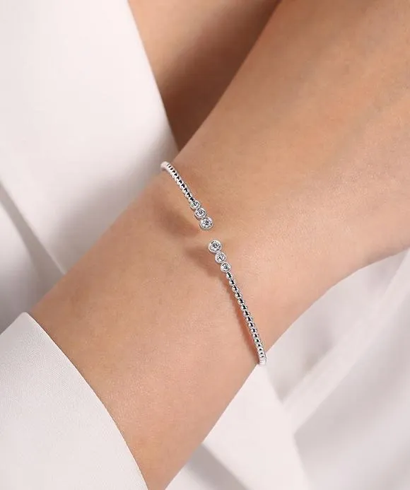 14K White Gold Bujukan Bead Split Cuff Bracelet with Bezel Set Diamonds