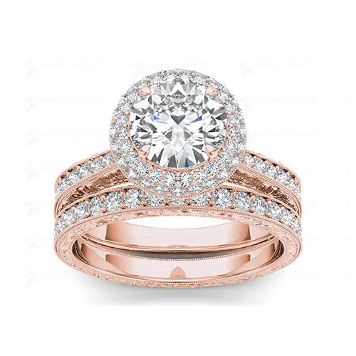 2 Carat Diamond Halo Wedding Ring Set in Gold - 01US06