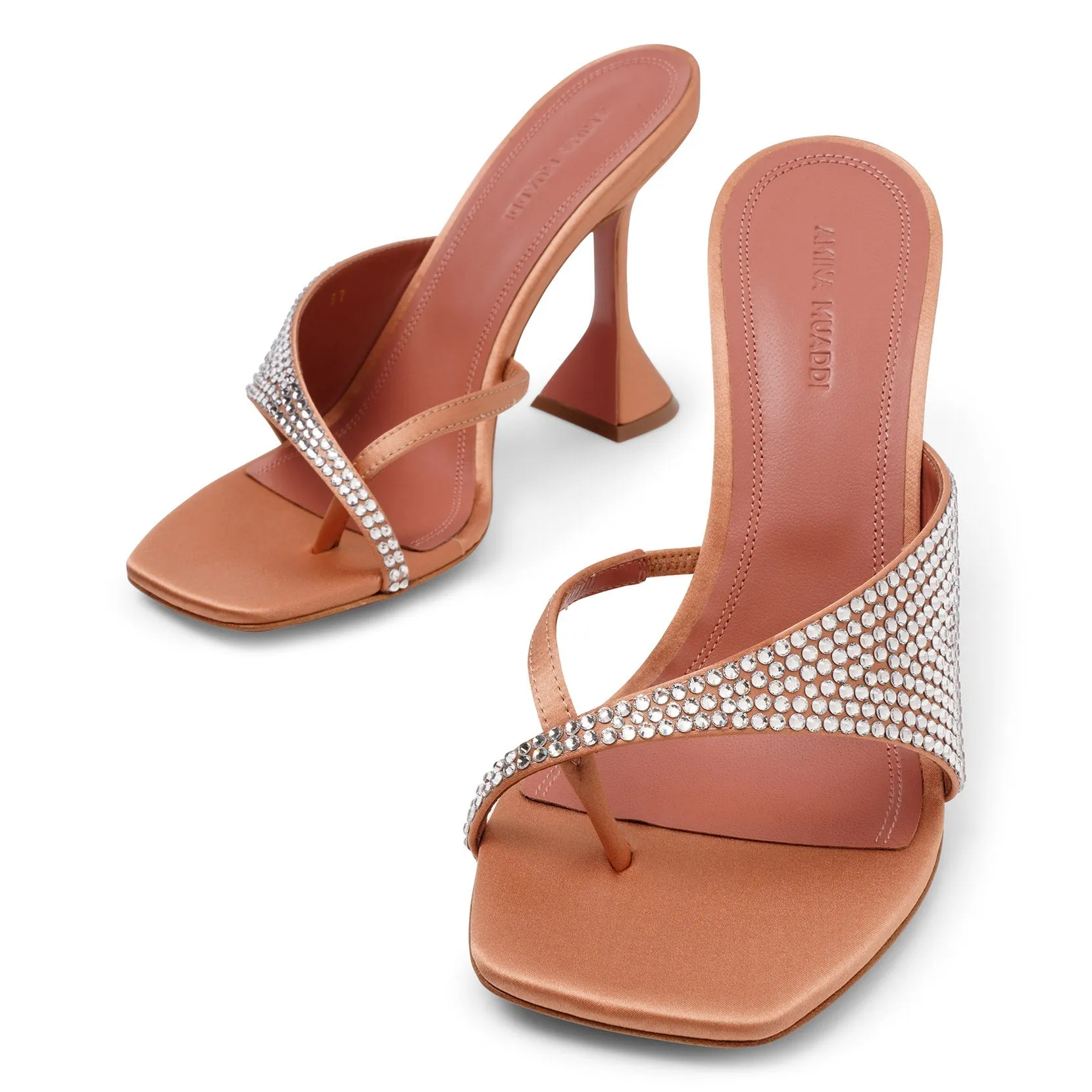 Amina Muaddi Shiona 95 beige satin crystal mules