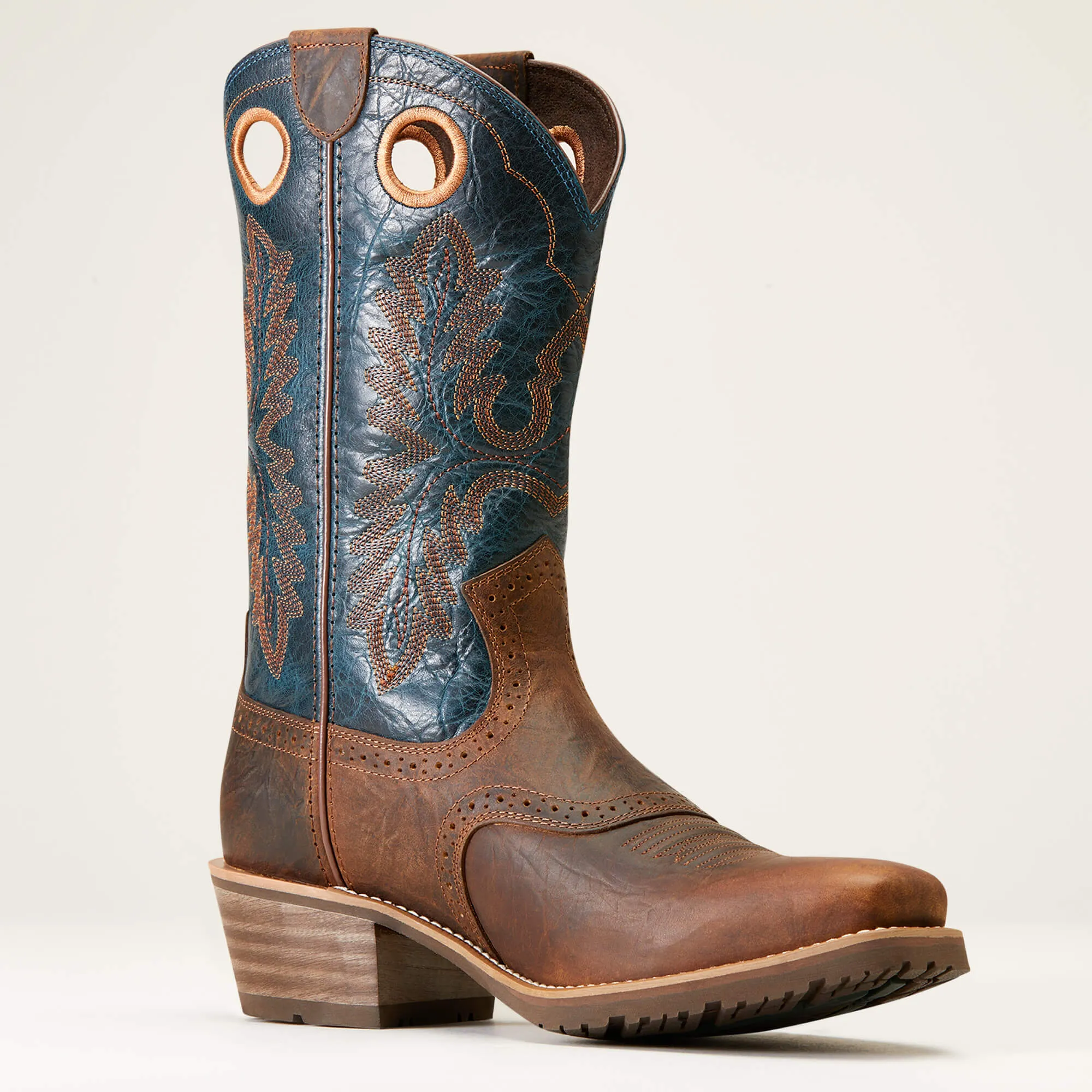 Ariat Men's Square Toe Western Boot in Fiery Brown Hybrid Roughstock