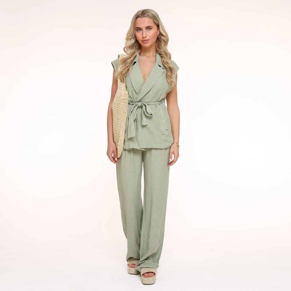 Army Green Linen Viscose - Pants