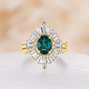 Art Deco Oval Lab Emerald Engagement Ring Set Yellow Gold Diamond Halo