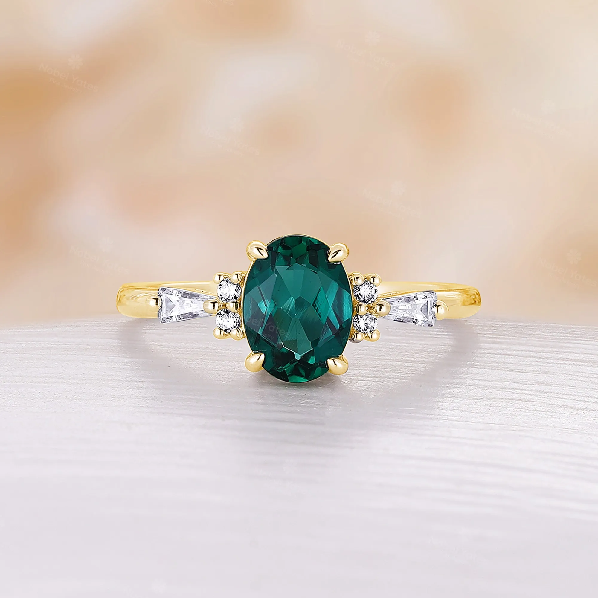 Art Deco Oval Lab Emerald Engagement Ring Set Yellow Gold Diamond Halo