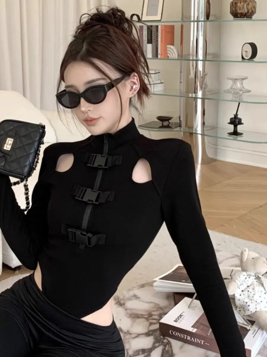 Autumn hot girl design long-sleeved button hollow high-grade elastic jumpsuit women's black waistless bottoming shirt T-shirt