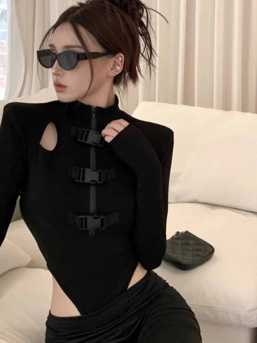 Autumn hot girl design long-sleeved button hollow high-grade elastic jumpsuit women's black waistless bottoming shirt T-shirt