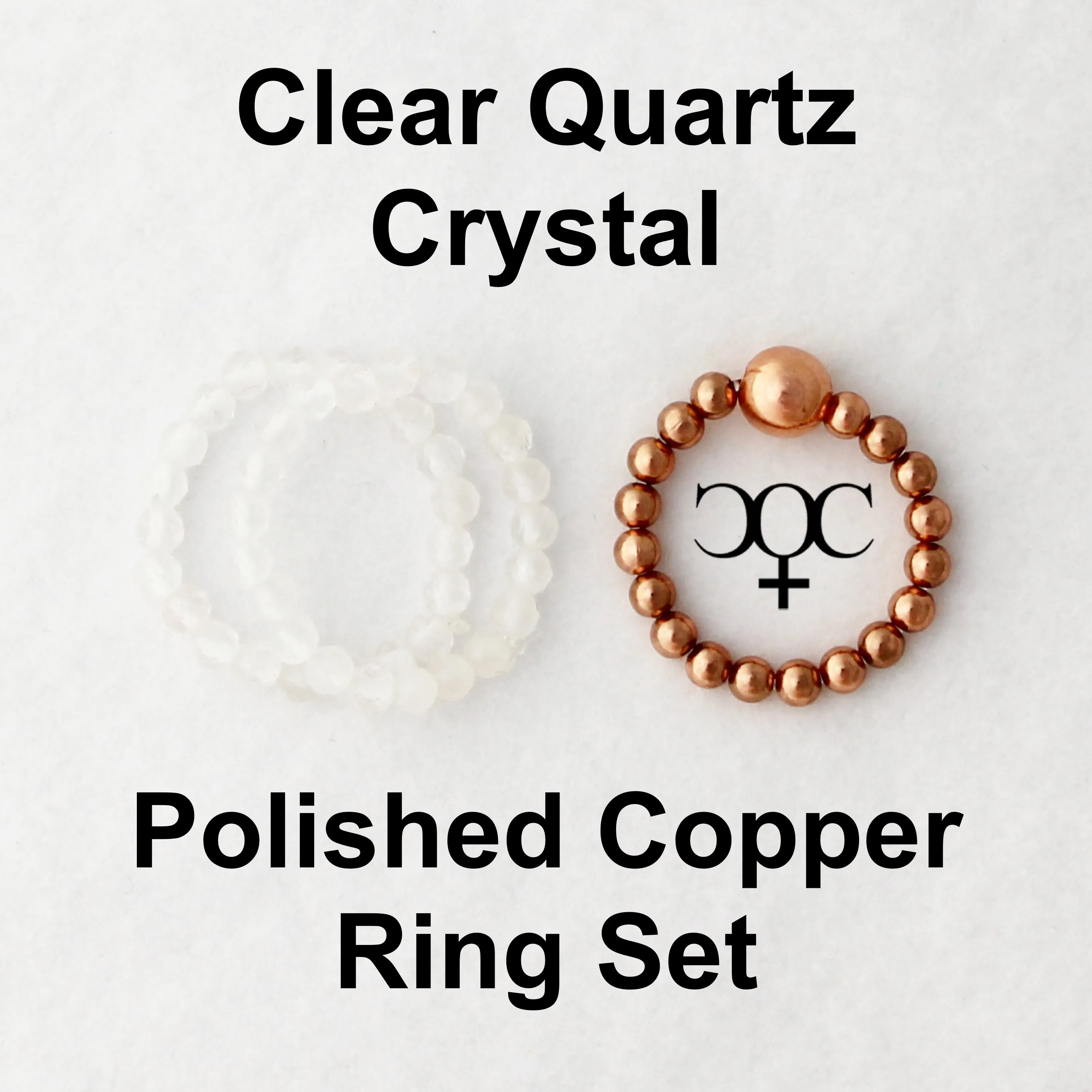 Beaded Copper Ring Set Pure Healing Copper Clear Quartz Crystal 3 Piece Beaded Elastic Ring Set