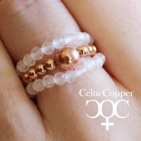 Beaded Copper Ring Set Pure Healing Copper Clear Quartz Crystal 3 Piece Beaded Elastic Ring Set