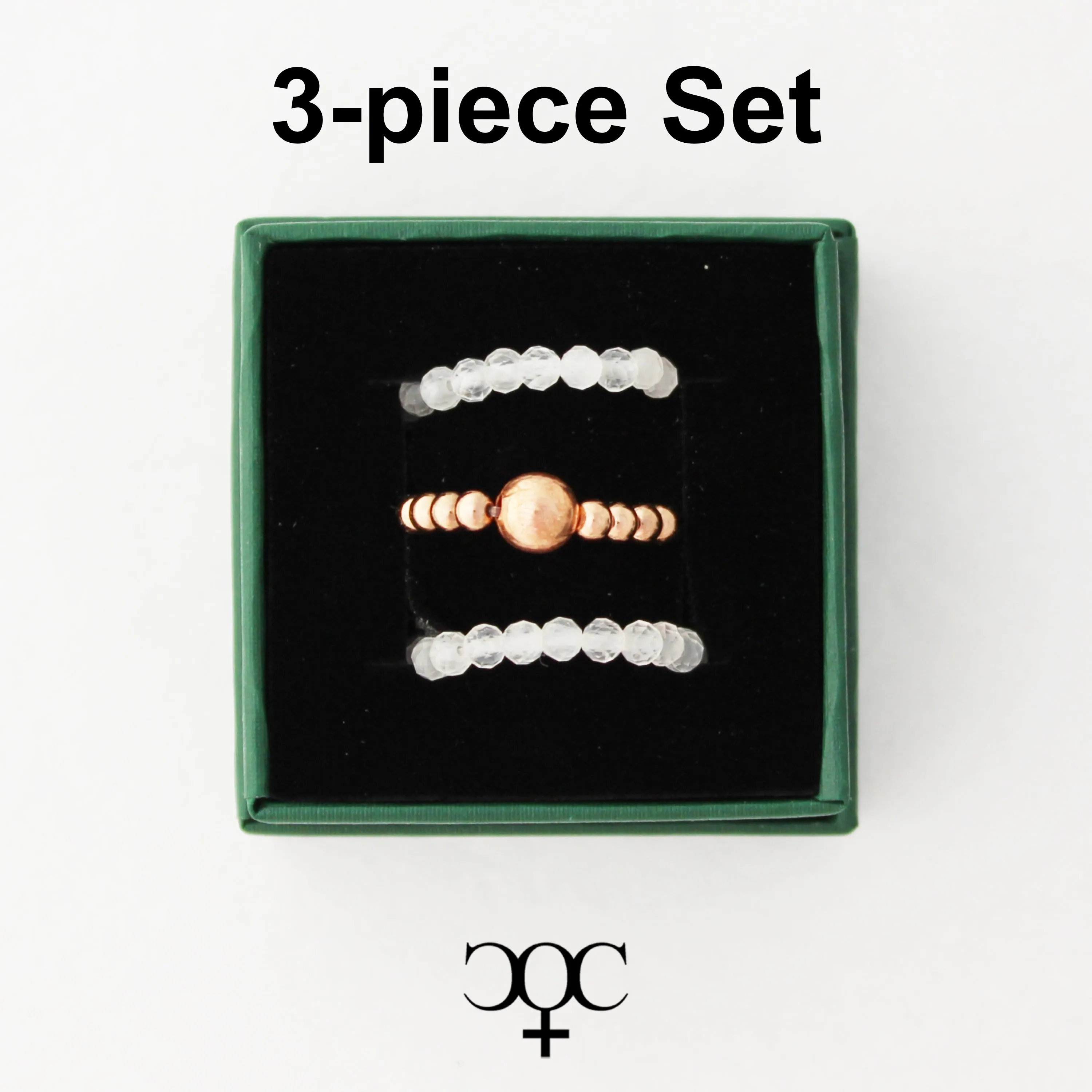 Beaded Copper Ring Set Pure Healing Copper Clear Quartz Crystal 3 Piece Beaded Elastic Ring Set