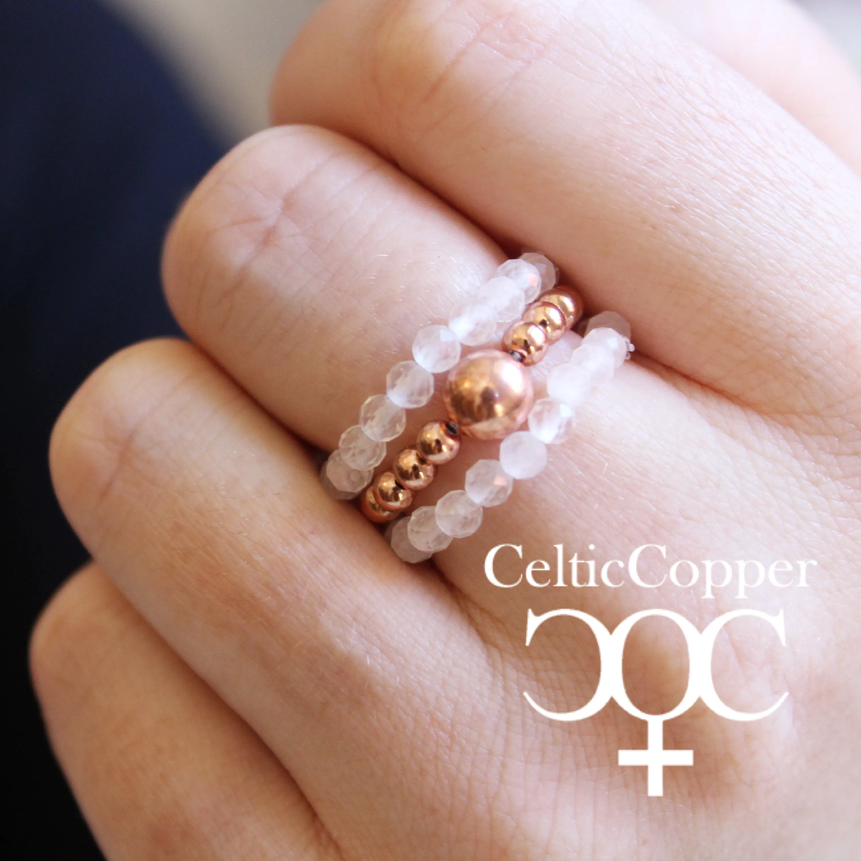 Beaded Copper Ring Set Pure Healing Copper Clear Quartz Crystal 3 Piece Beaded Elastic Ring Set