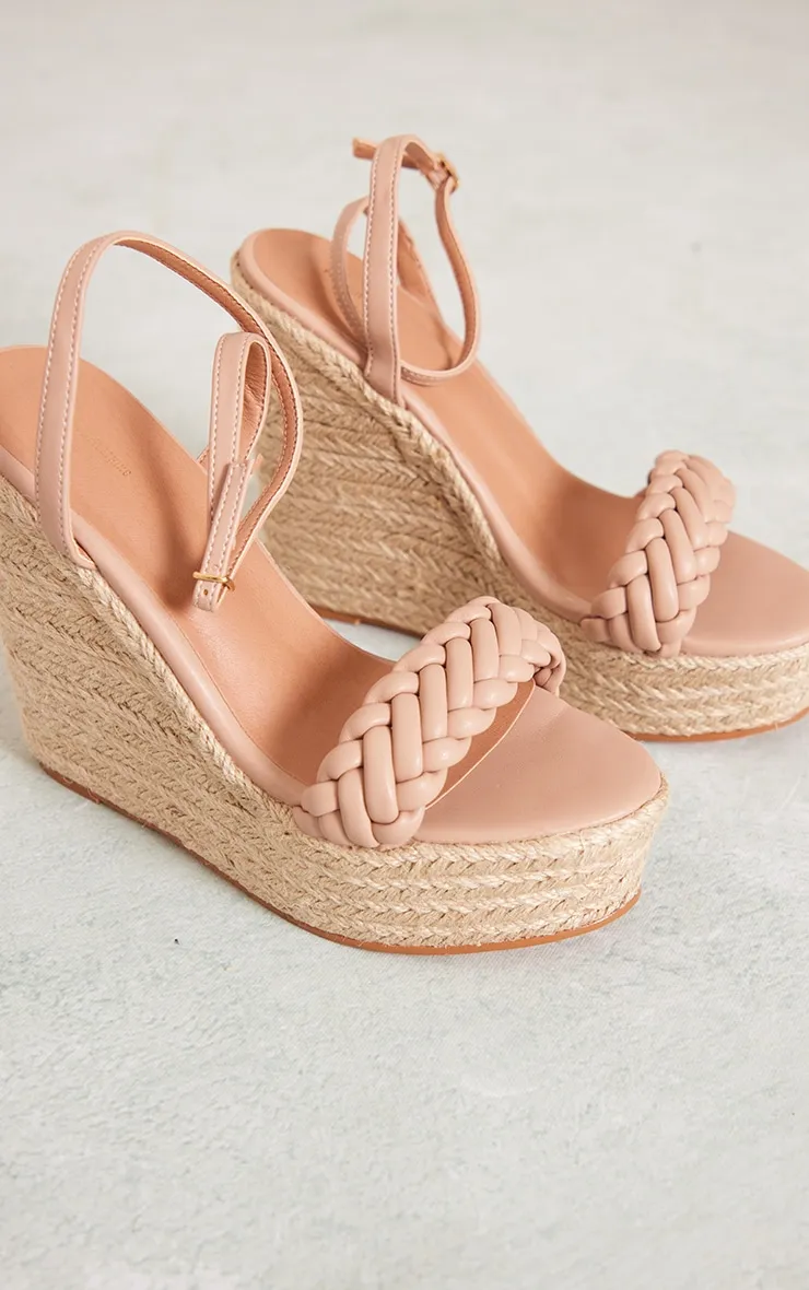 Beige Faux Leather Plaited Strap Wedge Sandals