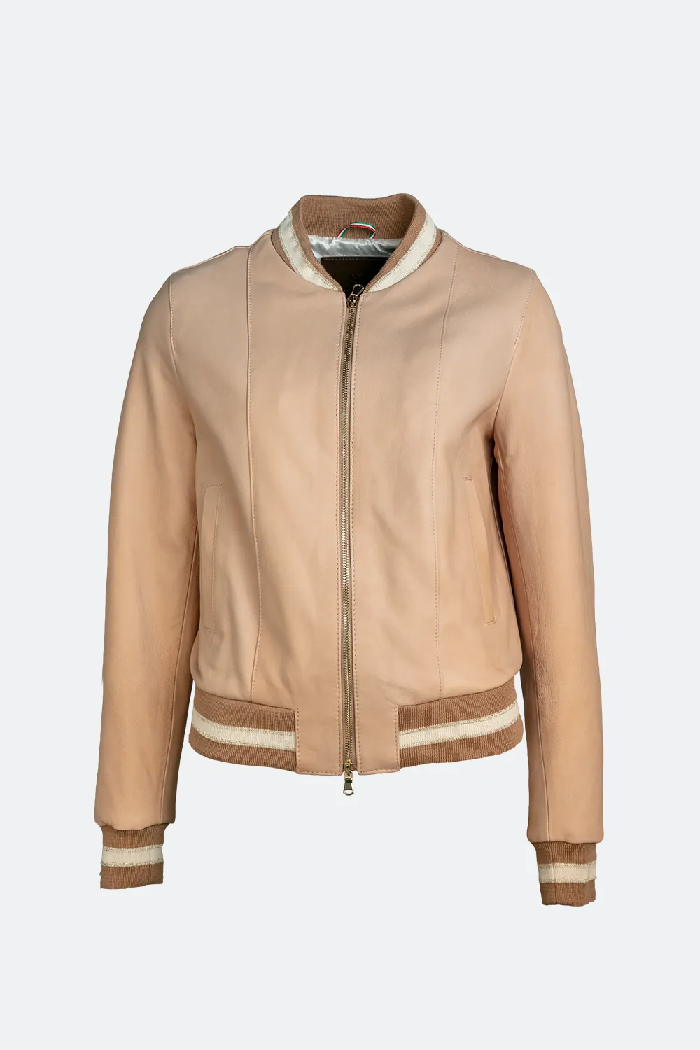 Beige leather bomber jacket in Ambra style.