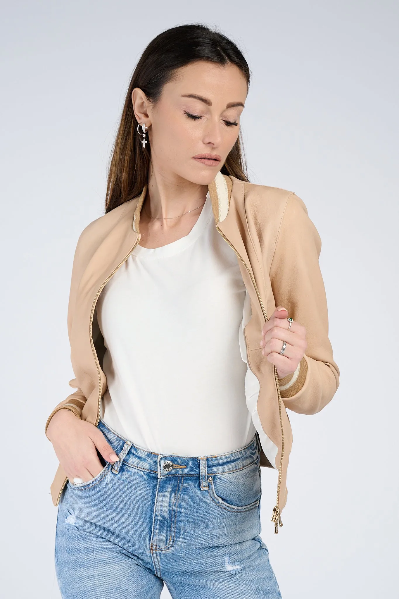 Beige leather bomber jacket in Ambra style.