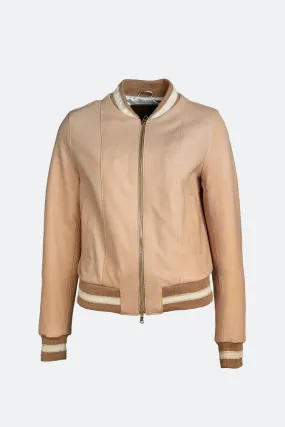 Beige leather bomber jacket in Ambra style.