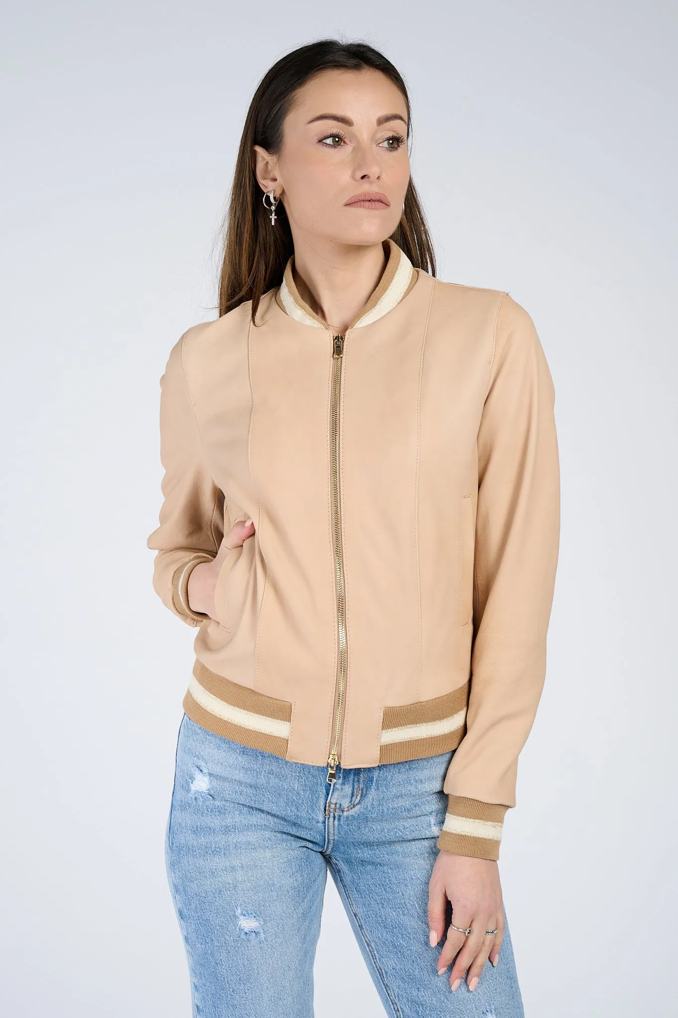 Beige leather bomber jacket in Ambra style.