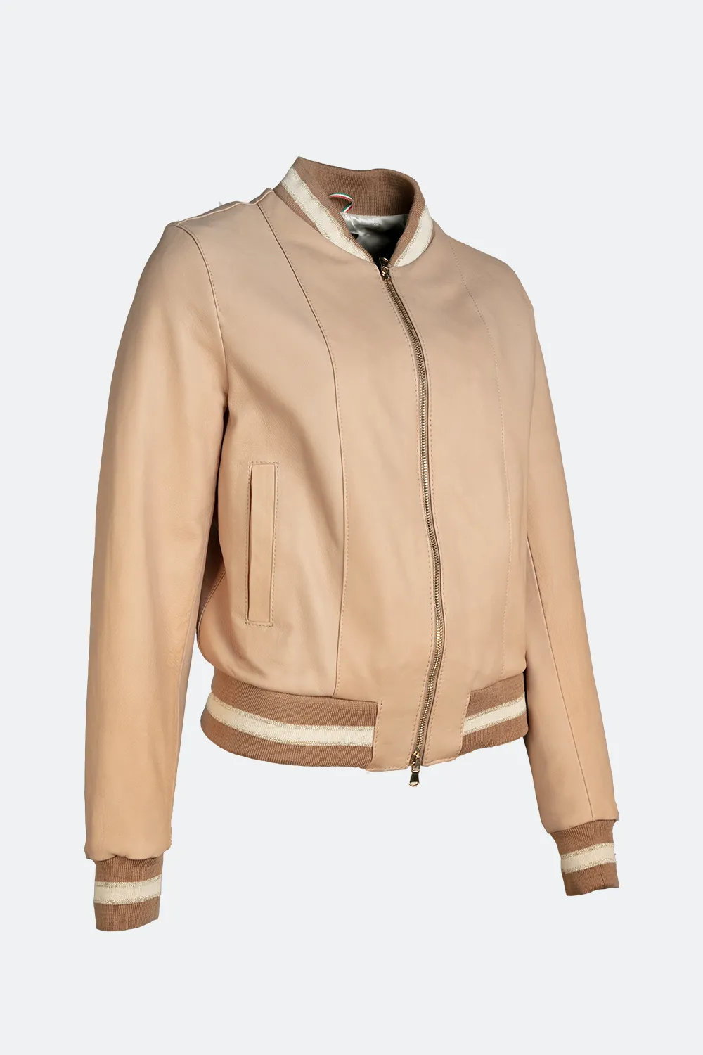 Beige leather bomber jacket in Ambra style.