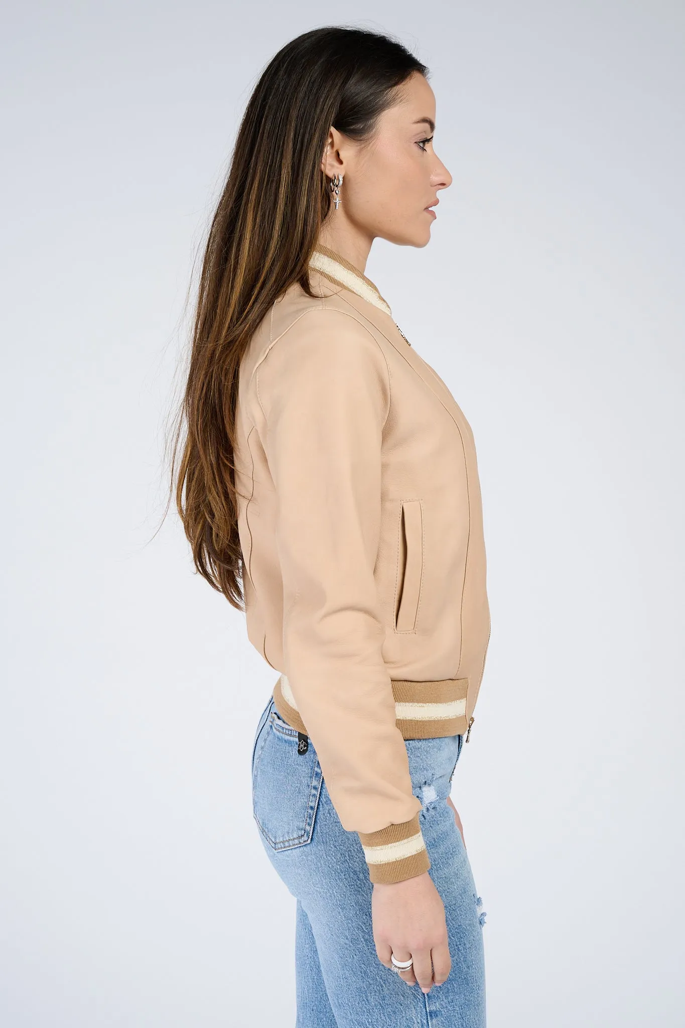 Beige leather bomber jacket in Ambra style.