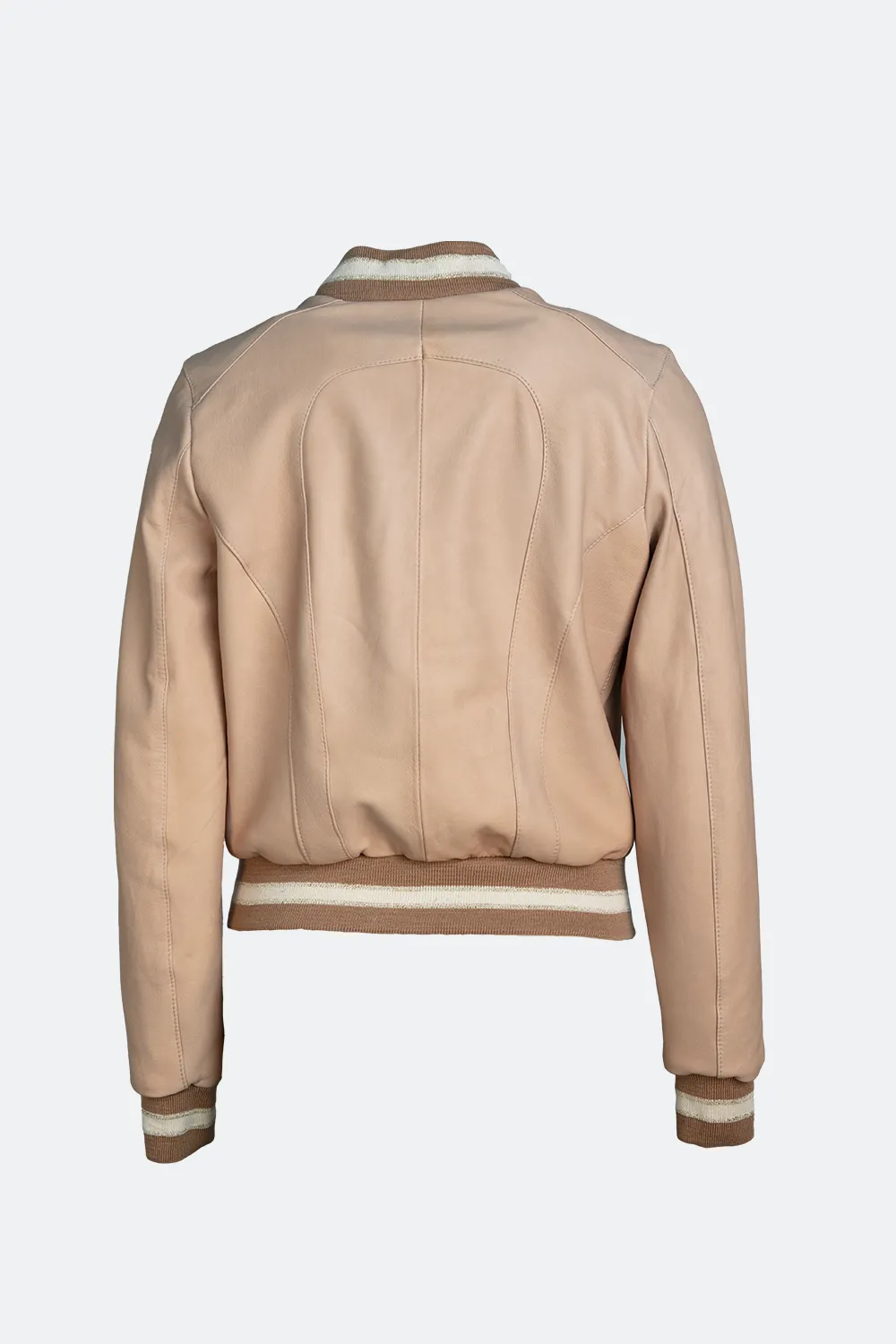 Beige leather bomber jacket in Ambra style.