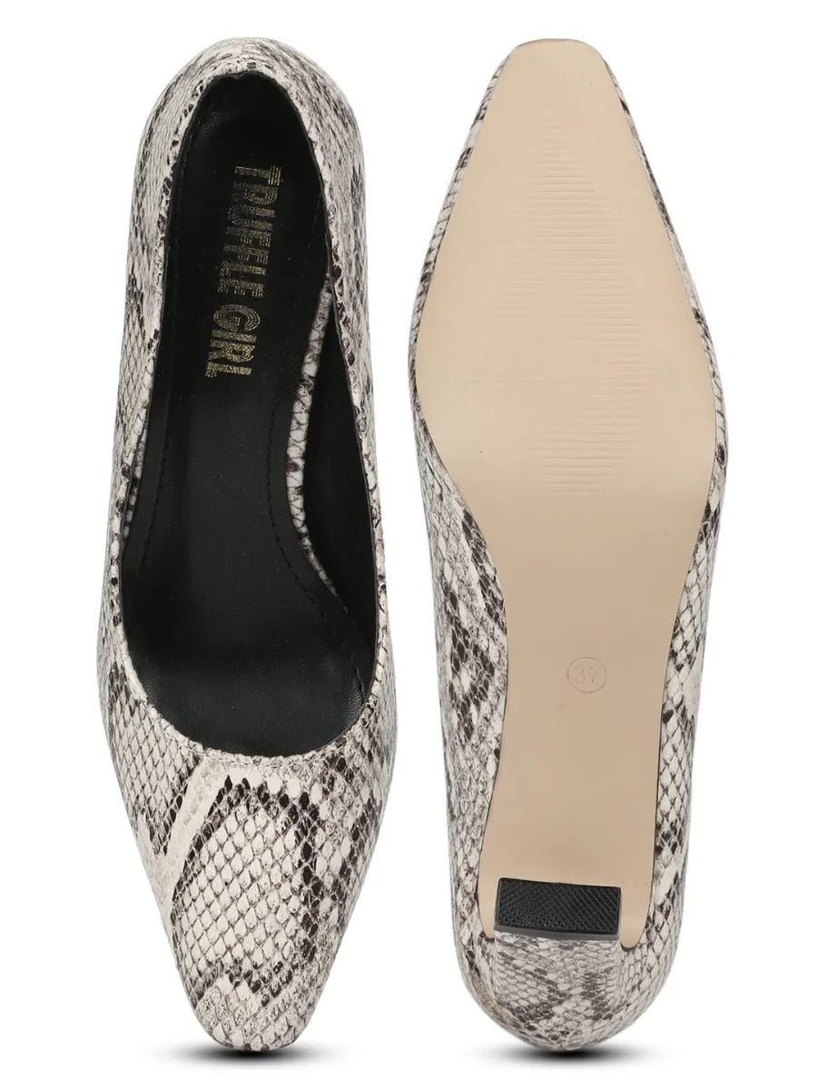 Beige PU Snake Pattern Slim Block Heel Pumps