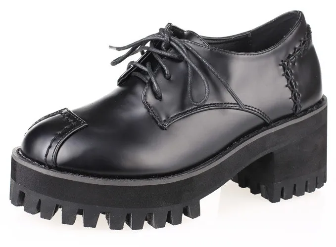 Chunky Sole Black Block Lace Up Platforms Oxfords