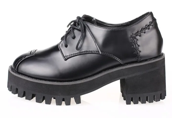 Chunky Sole Black Block Lace Up Platforms Oxfords