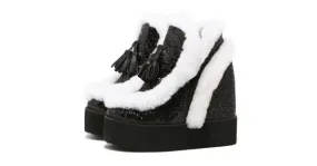 Black Glitter Fur Tassel Wedge Platform Shoes