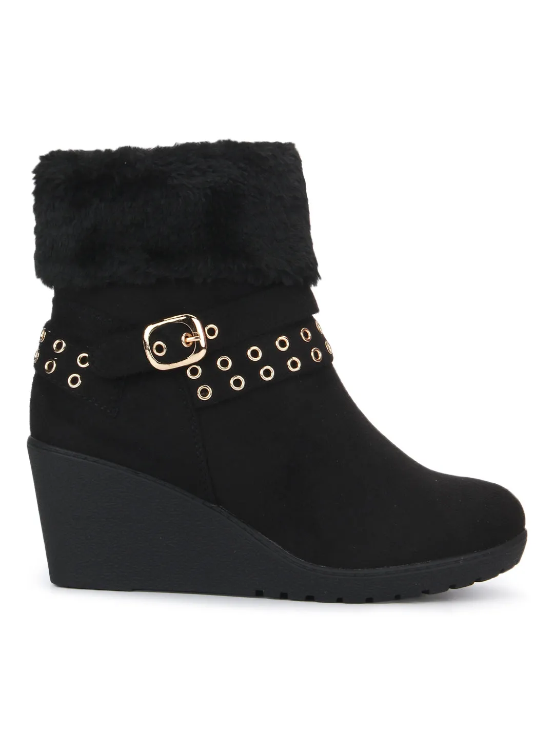 Black Micro Rivet Fur Down Collar Ankle Boots