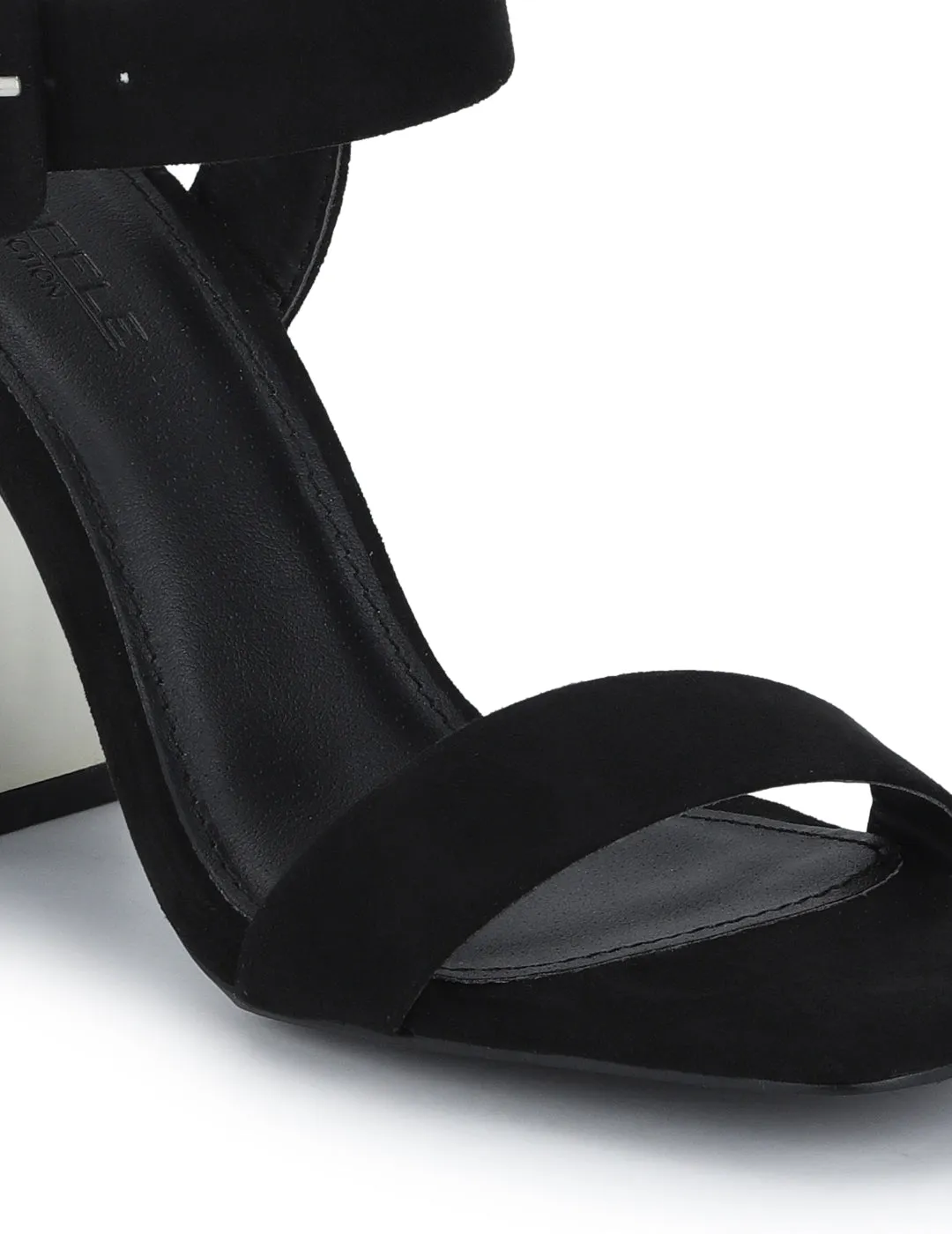 Black Micro Thick Ankle Strap Block Heels