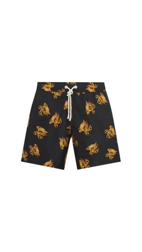 Black Monogram Swim Shorts with Fire Print