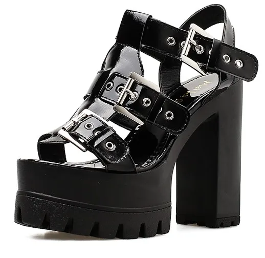 High Heel Black Gladiator Chunky Sole Platforms Sandals