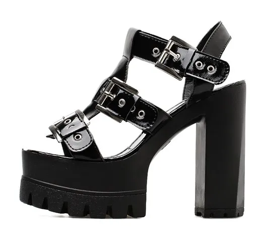 High Heel Black Gladiator Chunky Sole Platforms Sandals