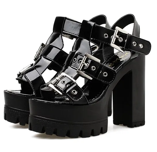 High Heel Black Gladiator Chunky Sole Platforms Sandals