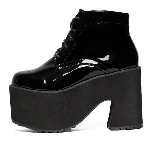 Glossy Black Patent Chunky Heel Platforms with Punk Rock Vibes