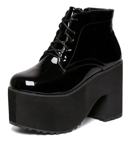 Glossy Black Patent Chunky Heel Platforms with Punk Rock Vibes