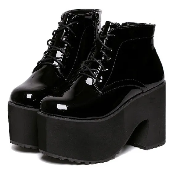 Glossy Black Patent Chunky Heel Platforms with Punk Rock Vibes