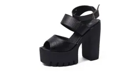 Womens Black Peep Toe Punk Rock High Heel Sandals with Ankle Straps