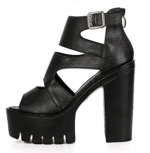 Peep Toe Black Strappy Punk Rock Platforms High Heels Sandals