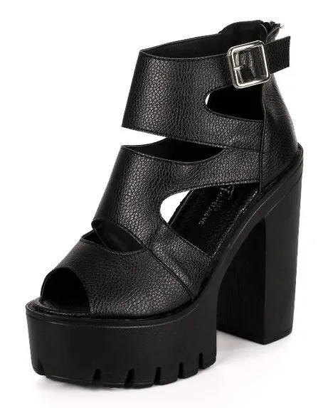 Peep Toe Black Strappy Punk Rock Platforms High Heels Sandals