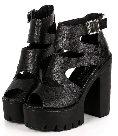 Peep Toe Black Strappy Punk Rock Platforms High Heels Sandals