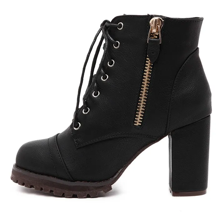 Black Platform Combat Military Lace Up Zipper Ankle Boots