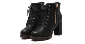 Black Platform Combat Military Lace Up Zipper Ankle Boots