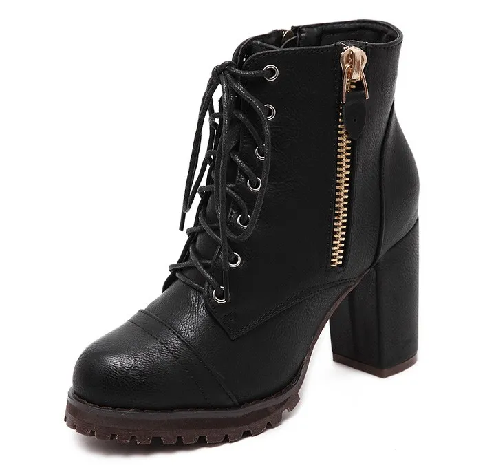 Black Platform Combat Military Lace Up Zipper Ankle Boots