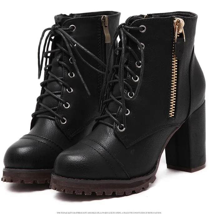 Black Platform Combat Military Lace Up Zipper Ankle Boots