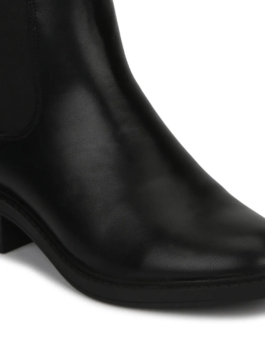 Black PU Low Heel Ankle Boots