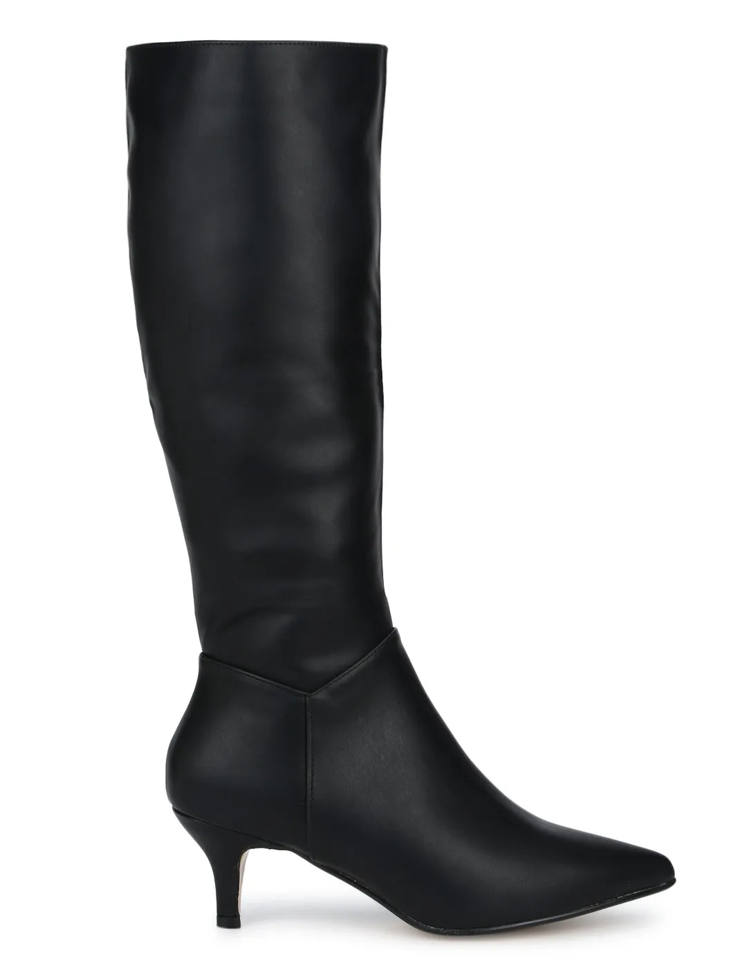 Black PU Low Heel Calf Length Long Boots