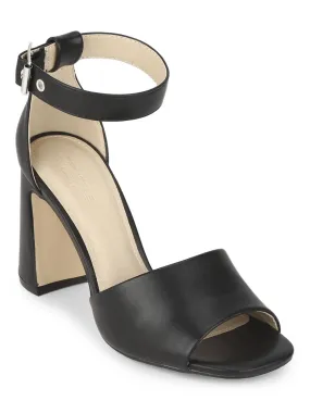 Black PU Mid Block Heels with Buckle Strap